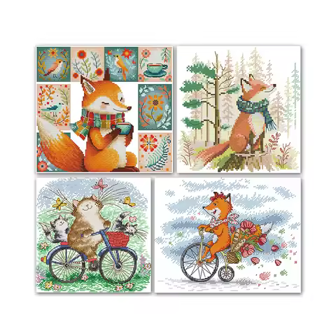Joy Sunday Coffee Fox With Scarf Cat Family On A Bike Ride Outing Little Fox On A Bike Cross Stitch,