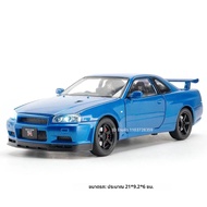 1:24 GTR CSR2 R34 รุ่นกีฬารถของเล่นโลหะผสมDiecast Miniature Supercarsเสียงประตูเปิดดึงกลับเครื่องประ