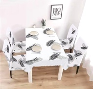 Table Cloth+Chair Cover Set Kitchen Dining PVC Waterproof Oil-Proof Spill-Proof Table Cover Protector Table Linen 4/6 Seater New Designer Dinnerware White Leaf Printed