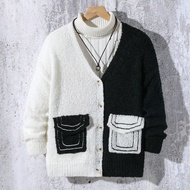 Áo len cardigan đen trắng AB chắp vá màu tương phản cho bé trai tuổi teen