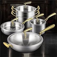 N/A 304 Stainless Steel Continental 9 Piece Kitchen Utensils Set Steamer Wok Milk Pan Frying Pan Kitchen Cookware (Color : A, Size vision