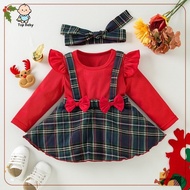 Christmas Dress for Baby Girl Plaid Dress Ruffle Long Sleeve with Headband Set Fake Two Piece Baby D