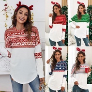 Nuoxi 2021 Amazon Europe America Cross-Border Christmas Color-Blocking Printed Women's Casual Long-Sleeved T-Shirt S