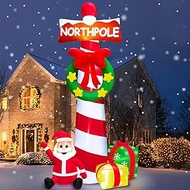 TURNMEON 12 Feet Giant Christmas Inflatable Decorations Outdoor Blow Up Santa Claus with North Pole Guidepost Xmas Wreath Gift Box Built-in LED Lights for Xmas Lawn Outside Yard Garden Party Decor