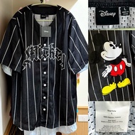 0426 歐美 古著 Disney 迪士尼 Mickey 米奇 聚酯纖維 速乾 透氣 黑色 直條紋 短袖棒球衫 外套開衫 二穿 長76胸60