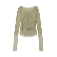 SEI Pure Desire Retro Street Style Long Sleeve T-Shirt Lace Patchwork Slimming Top Unique Commute Ko