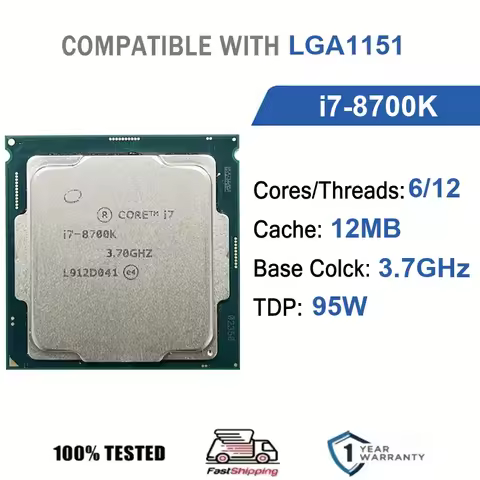 Intel Core i7-8700K 6 Core 12 Thread 3.70GHz 95W 12MB Cache 14nm LGA1151 SR3BX DDR4-2666 MHz Coffee 