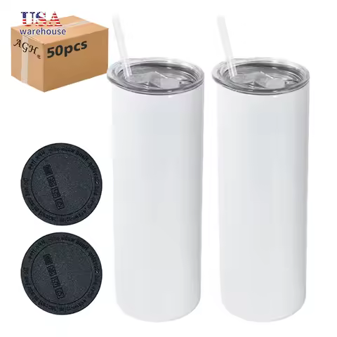 50pcs Pack 20oz Double Wall Stainless Steel Insulation Sublimation White Tumbler with Plastic Straw 