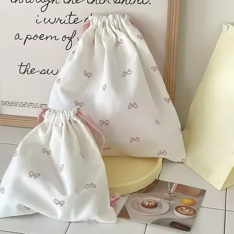 Cute Pink Bowknot Print Travel Skincare Drawstring Storage Bag Makeup Bag Underwear Clothing Bag Por