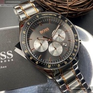 BOSS手錶,編號HB1513634,44mm銀黑色圓形精鋼錶殼,槍灰色三眼, 中三針顯示, 運動錶面,金銀相間精鋼錶帶款,閃亮度冠絕全場!, 明星最愛!