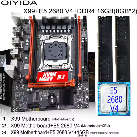 X99 Gaming Motherboard Kit with Xeon E5 2680 V4 DDR4 16GB=8Gx2 RAM M.2 NVME NGFF SATA USB for Deskto