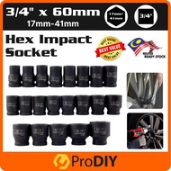 3/4 INCH X 60MM CR-MO Black Hex Impact Socket 17mm to 41mm Wrench Adapter Ratchet Automotive Repair 