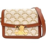 CELINE/ Celine 188882 Teen Triomphe 單肩包，PVC 塗層帆布/皮革，象牙色帆布/ブラウン皮革/金色五金，女士 [二手]