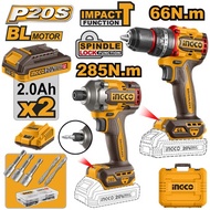 INGCO 20V IMPACT DRILL+ IMPACT DRIVER 285NM 2X2.0, CHARGER+CASE CKLI20277