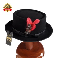 MERAH Porkpie Hat Skull Pin, Belt And Red Feather Hat, Laken Fedora Hat