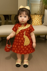 Dress Anak Cina Merak + Tas | Baju Imlek Anak Perempuan Elegan 3 Bulan–8 Tahun