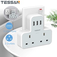 TESSAN TS221 2 Way Extension Plug Power Socket With 3 USB Port Output 3A Fast Charging Adaport Wall Socket  Extension Plug  13A UK 3 Pin Extension Power Socket （Gray-White）