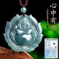 Myanmar Jadeite Jade Buddha Pendant Necklace 天然缅甸A货翡翠蓝水弥勒佛公项链吊坠 冰种玉石心中有佛挂件项链玉佩玉坠男女款佛牌项链項鏈女 情侶項鏈 古风项链