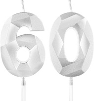 Birthday Candles Silver Numbers 60-3D Silver Candles for Birthday Cake, Birthday Decoration (Number 