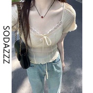 Sodazzz Korean Version Lace Square Neck Short-Sleeved t-Shirt Women's Slim-Fit Slimmer Look French Retro Short Top Trendy 4-24