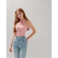 AIR SPACE Brocade Embroidered Halter Crop Cheongsam Top