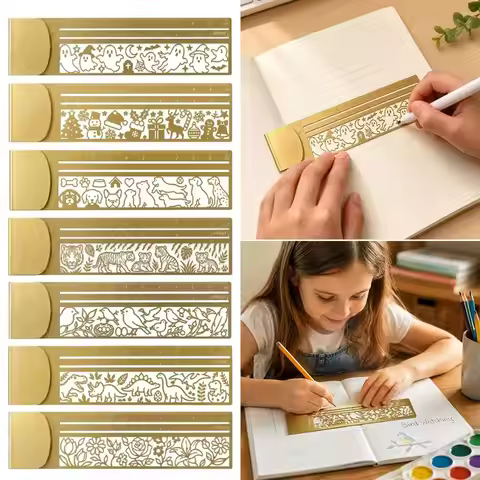 Brass Bookmark Ruler Cute Patterns Multi-functional Stencil Straight Ruler Hollow Journal Decorative
