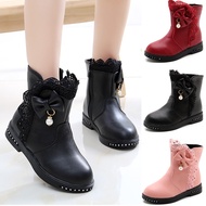 Girls Princess Boots Kids Ankle Boots Lace with Bow-knot Sweet Warm Cotton Children Rubber Boots Fur