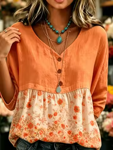 Women's Orange Solid Top Daisy Patchwork V Neck Button 3/4 Sleeve Vintage Casual Seaside Blouse
