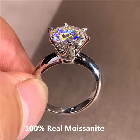 Classic 6 Prongs 5 Carat Round Moissanite Ring Sterling Silver Plated 14K Gold High Clarity D Color 