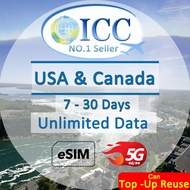ICC eSIM_USA & Canada 7-30 Days Unlimited Data SIM (Can top up reuse)