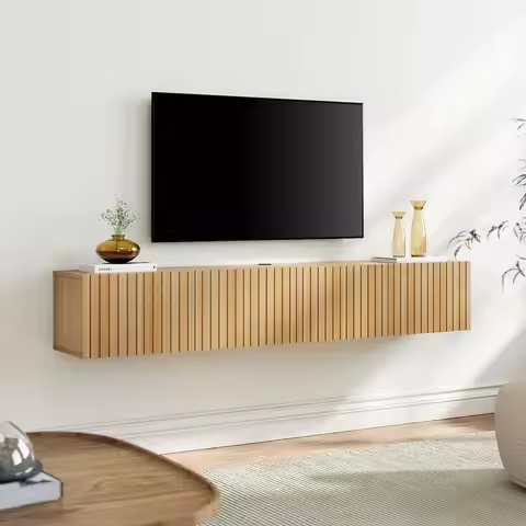 LED Fluted Floating TV Stand, Wall Mounted Entertainment Center with 4 FlipDown Doors for 80 inch TV