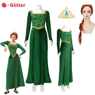 Shrek Fiona Princess Cosplay Costume for Adult Women Fiona Green Maxi Square Neck Dress Wig Crown fo