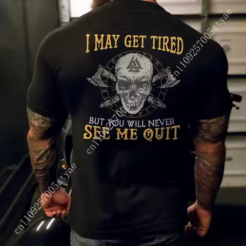 I May Get Tired But You Will Never See Me Quit Skull Print Men's T-Shirt, Top Menswear Cotton Tee Sh
