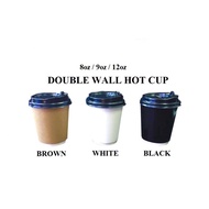 Paper Cup Hot 8oz/9oz/12oz  (Double Wall) BLACK / BROWN / WHITE with Reclosable Lid (50pcs)