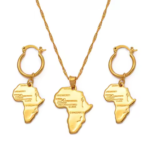 Anniyo African Map Jewelry sets Necklace Earrings for Women Girls Ethiopian Jewellery Nigeria Congo 