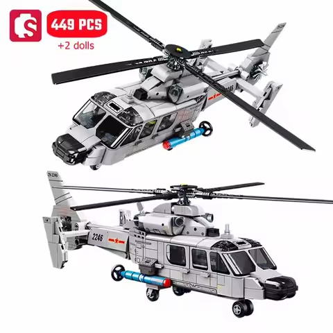 SEMBO Z-9 Shipborne Helicopter Assemblage Building Blocks MOC Armed Aircraft Fighter Soldiers Model 