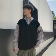 Hong Kong Aberdeen Fake Two-Piece Sweater Men Korean Version Trendy Loose Casual Shirt Collar Bottom