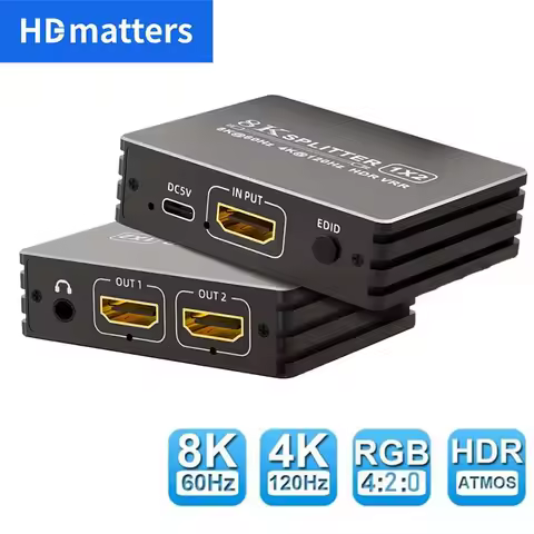 HDMI 2.1 Splitter 4K 120Hz 8K HDMI Splitter 1 in 2 out for Xbox Series X/S PS5 8K HDTV HDMI 2.1 Audi