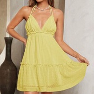 WYWH เดรสวันหยุดสำหรับสุภาพสตรีสไตล์ลายจุดผ้าชีฟองคอวีลึกในครีมสีขาว มีสายสะพายไหล่คู่และผูกคอ เหมาะ