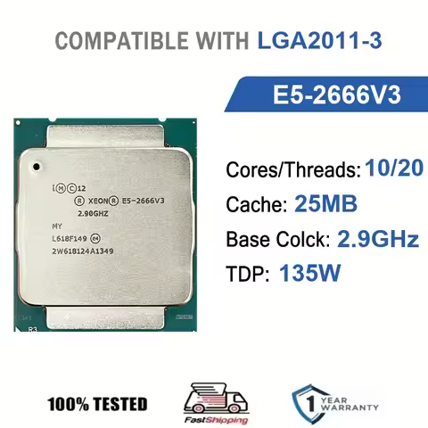 Intel Xeon E5-2666V3 10 Core 20 Thread 2.9GHz 135W 25MB Cache 22nm LGA 2011-3 SR1Y7 DDR4 2133 MHz Ha