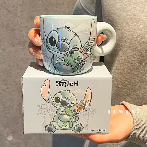 1pc Disney Cute Stitch Mug, High Beauty Coffee Cup, Birthday Gift, Ceramic Water Cup with Donut Hand