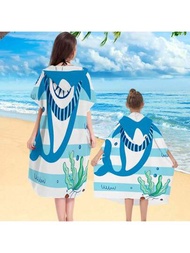 創意鯊魚設計親子連帽浴巾,現代風格超細纖維長方形吸水斗篷浴巾,適用室內浴室和戶外沙灘,1件