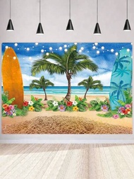 1入組-夏威夷海灘背景藍天海洋衝浪板熱帶棕櫚樹攝影背景派對裝飾橫幅，適用於生日嬰兒淋浴室內場景佈置