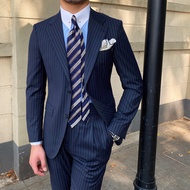 Mr. Lusan British Slim-Fitting All-Matching Striped Suit Two-piece Set Naples Italian Slim Fit Business Suit Men