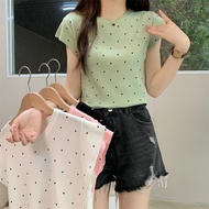 【WJZ】Women's Korean fashionable polka dot print short knitted top【5768】