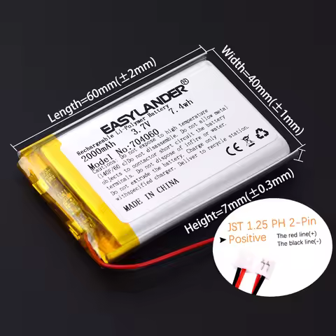 JST1.25mm 2Pin 3.7V 2000mAh 704060 Lithium Li-ion Lipo Polymer Battery 304060 404060 504060 604060 1