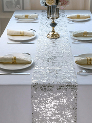 1入組閃閃發亮的聚酯格子桌布,帶有金箔印刷和桌旗,適用於生日/婚禮/聚會/宴會裝飾