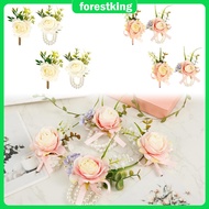4Pcs Wedding White Corsage and Boutonniere Set Artificial Rose Wrist Corsage Bracelets for Anniversa