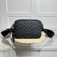 順豐包郵 COACH蔻馳 Charter 19 經典老花雙拉鍊閉合 標誌性塗層帆布拼精緻小牛皮 小號 男款 木炭色 相機包 手拿包 斜挎包 單肩包