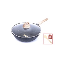 IGOZO 28cm Non-Stick Granite Stirfry Wok With Tempered Glass Lid (Free Wooden Spatula)